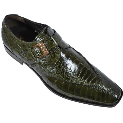 Mezlan "13471" Olive All-Over Genuine Ostrich Shoes With Monk Strap